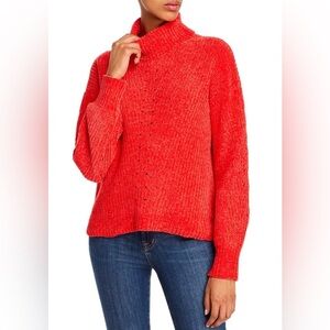 Aqua Red Chenille Turtleneck Sweater Size L Soft Cozy Knit